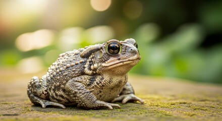 Fototapeta premium A close-up portrait of a textured toad resting on a mossy surface, with soft background bokeh.