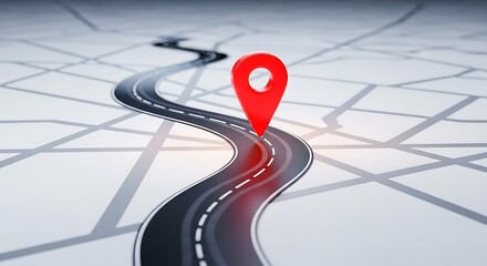 Red map pin marker on a winding road with dashed white lines on a stylized map grid representing a journey destination or navigation concept