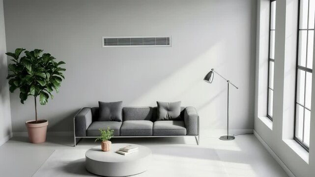 Modern living room interior with sleek air conditioning system and natural light movement, climate control concept footage.