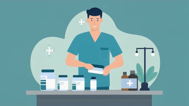 Vector illustration of a professional male pharmacist actively dispensing medicine behind a counter, embodying dedication in healthcare service provision