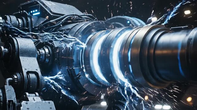 A powerful futuristic energy cannon discharging a high-voltage electrical current, creating a dynamic science fiction weapon concept