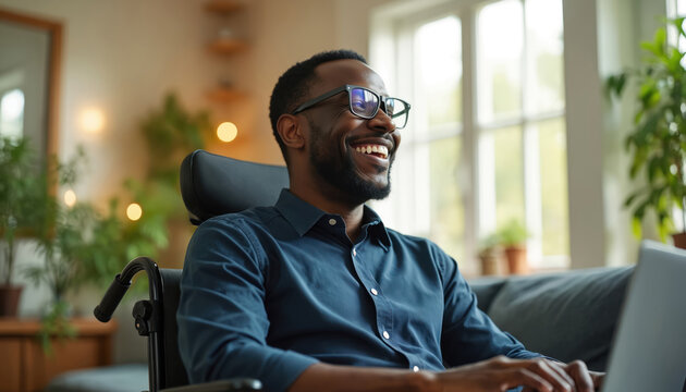 Positive Black man in wheelchair actively works from comfortable home office. Uses laptop, happily smiles, feeling productive, engaged with remote job. Disabled pro maintains fulfilling career,