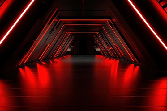 illustration is an empty dark room with a modern futuristic sci fi in red lighting dark space long straight ahead.