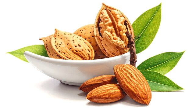 A bowl of healthy nuts with leaves on a white background - Powered by Adobe