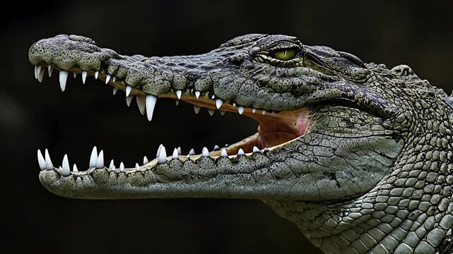 Close up of a crocodile head with open jaws and sharp teeth against a dark background