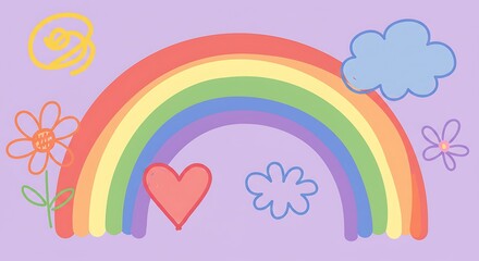 A vibrant, whimsical cartoon illustration featuring a rainbow, clouds, flowers, a heart, and swirl elements