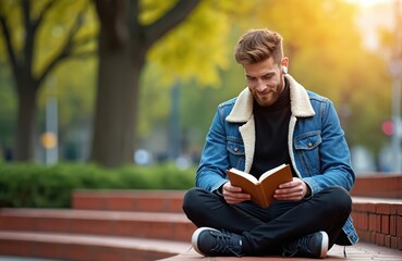 Obraz premium Man sits cross legged on steps reading a book. He wears wireless earbuds and a denim jacket. Park trees and sunlight create a bright, warm outdoor setting.