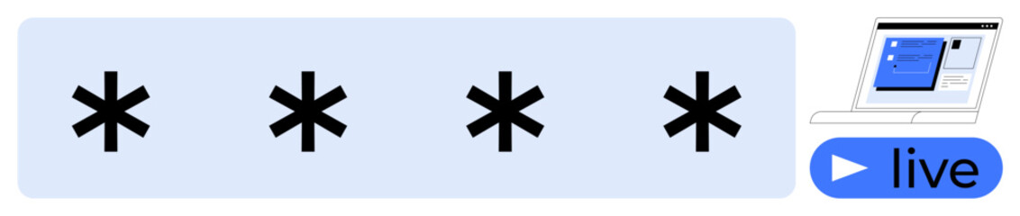 Obraz premium Black asterisks as password mask, a laptop screen with login elements, and a blue live button. Ideal for security, authentication, technology, online support, privacy, data protection simple flat