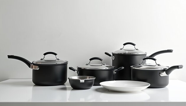 Set of modern black pots and pans with glass lids and silver handles. Includes a saucepan, two stock pots, a smaller pot, and a white plate on a white table.