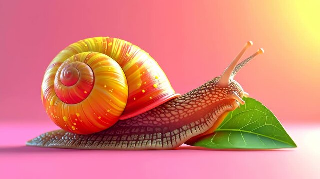 Close up of a snail with a vibrant shell on a pink background with a green leaf.