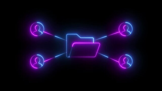 glowing neon file transfer icon animation on black background. People chatting line icon. Business seminar sign. neon digital file management with folder, document and file transfer, document saving.