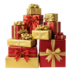 Obraz premium Christmas gifts presents holiday celebration red gold wrapped boxes bows festive season giving occasion on transparent background