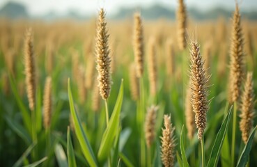Golden millet plants grow tall in a sunlit farm field. Ripe grains sway gently in the breeze, ready for harvest. Agriculture thrives, offering nourishment and prosperity. Fields stretch to horizon.