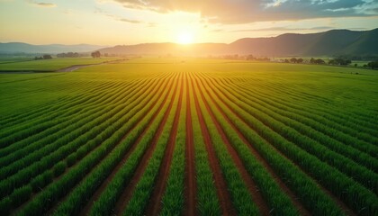 Aerial view of large green agricultural field with straight crop rows at sunset. Drone flies over rural farmland. Beautiful countryside landscape shows organic vegetable cultivation, eco food