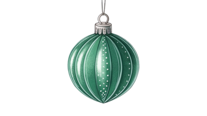 A single green glass christmas ornament with white speckles, isolated on transparent background
