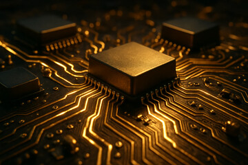 Digital Wealth – Golden Circuit Board with Light Flowing Through Lines