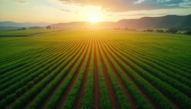 Aerial view of large green agricultural field with straight crop rows at sunset. Drone flies over rural farmland. Beautiful countryside landscape shows organic vegetable cultivation, eco food