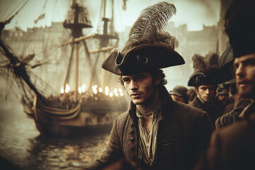 Boston Tea Party scene with people and ships amid revolutionary spirit in December 1773