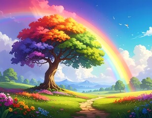 A vibrant, whimsical illustration of a colorful tree, rainbow, and a picturesque landscape