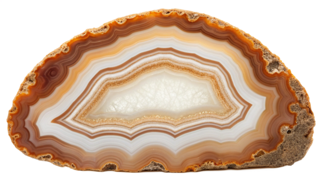 A slice of agate with concentric bands of brown, white, and orange colors, isolated on transparent background