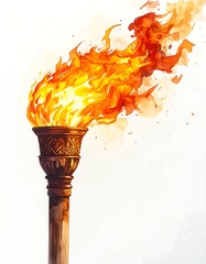 Watercolor torch emitting vibrant flames and smoke