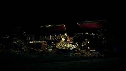 Hidden deep in the darkness, ornate treasure chests overflow with shining golden coins and ancient artifacts. The scene evokes a sense of mystery and adventure, inviting exploration. © icetray
