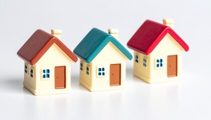 Three small model houses with white exteriors, colored roofs and doors&mdash;green, blue, and red&mdash;arranged side by side on white background.