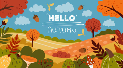 Fototapeta premium Autumn panorama. Forest landscape with trees during fall. Foliage season of November. Red yellow, gold leaves for Thanksgiving holiday banner backdrop. Countryside panorama. Vector tidy background