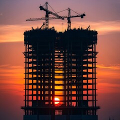 Silhouette of a towering building under construction with cranes against a vibrant sunset sky.