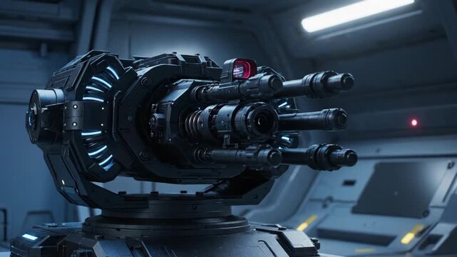 Imposing futuristic automated turret with glowing details, a powerful concept for advanced military weaponry and sci-fi defense systems