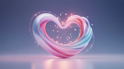 A luminous abstract heart shape formed from swirling pastel ribbons of pink blue and white glowing with ethereal light and tiny sparkling particles