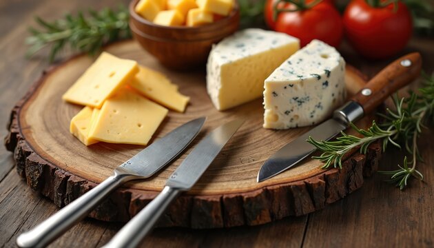 Gourmet cheese selection on wooden board with knives. Featuring cheddar, blue cheese slices, whole cheese pieces. Fresh rosemary, ripe tomatoes add color. Perfect for culinary, food blogs, catering.