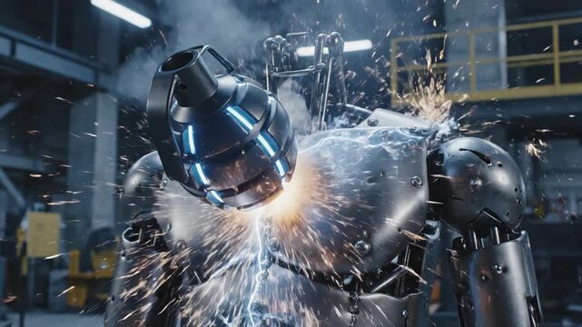 A powerful blow shatters the metallic torso of an advanced android, with sparks flying during a destructive battle in a futuristic factory