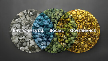 Fototapeta premium ESG concept: three textured circular panels symbolizing Environmental, Social, and Governance pillars for sustainable, responsible business