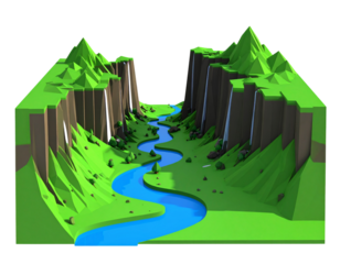Voxelized Lush Green Hills with Waterfalls and Meandering Stream, Front Perspective, Isolated on Transparent Background