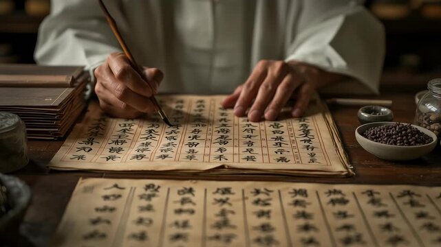 A person in traditional attire is writing ancient script on parchment scrolls surrounded by ceramic jars, herbs, and scrolls, representing wisdom, calligraphy, and cultural heritage.