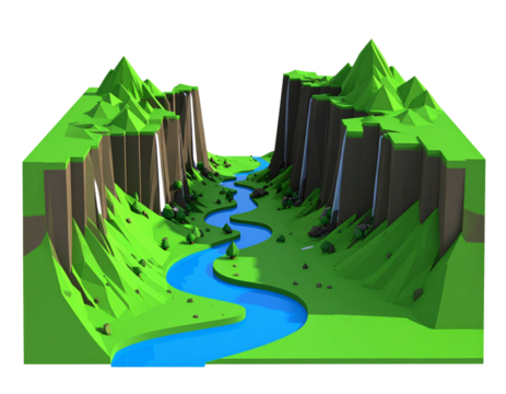 Voxelized Lush Green Hills with Waterfalls and Meandering Stream, Front Perspective, Isolated on Transparent Background