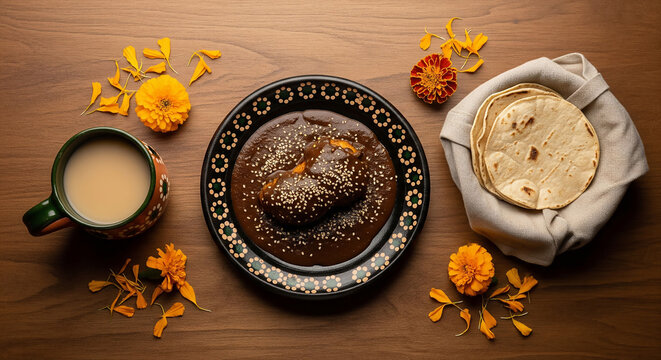 An overhead shot of traditional Mole Poblano served on a black plate sprinkled with sesame seeds. It is accompanied by a mug of atole or hot chocolate and a stack of tortillas.