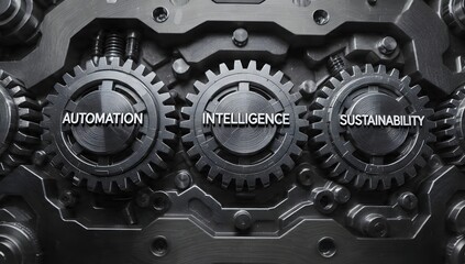 Interconnected gears symbolize automation, intelligence, and sustainability within a high-tech industrial machinery system for efficient production
