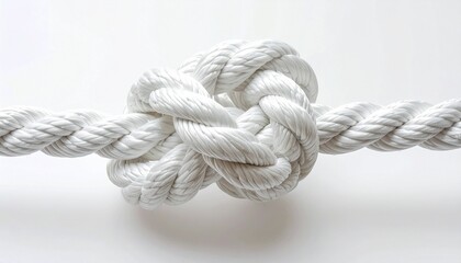 Close-up of white synthetic rope tied in overhand knot, detailed texture and strong fibers on clean white background.