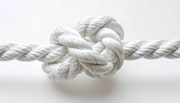Close-up of white synthetic rope tied in overhand knot, detailed texture and strong fibers on clean white background.