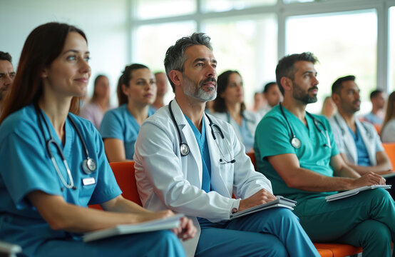 Group of medical professionals attending seminar in modern lecture hall. Doctors listen attentively to presentation. Healthcare workers participate in medical conference about innovations, treatments.