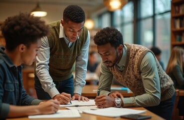 Diverse university students collaborate on project papers in library. Professor guides learning and discussion for academic success. Young adults study together, share knowledge.