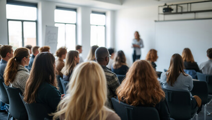 Audience listens attentively to a presentation in a modern conference room