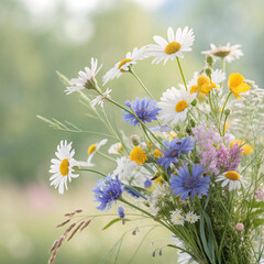 Fototapeta premium wildflower bouquet with daisy cornflower buttercup and clover in natural setting