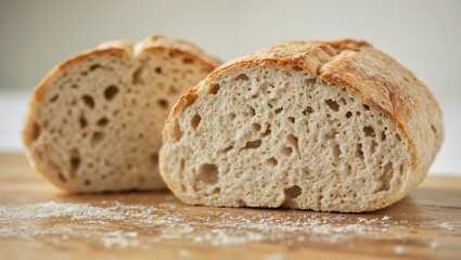 Freshly sliced artisanal bread on a wooden board, with a crispy crust and airy crumb, lightly dusted with flour, in warm lighting over a minimalist background
