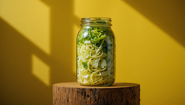 Fresh Cabbage Salad in Glass Jar on Yellow Background with Wooden Stand.
