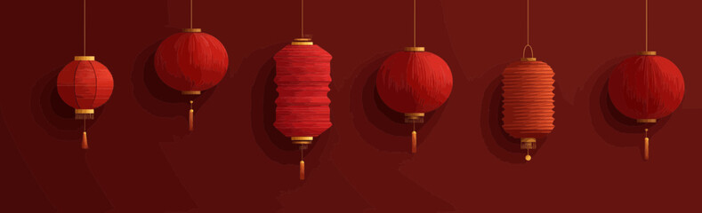 
Chinese New Year vector background with hanging lanterns, flat design, simple shapes, dark red color palette, vector illustration.