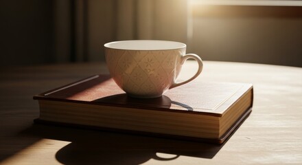 White Coffee Mug on Book in Warm Sunlight Reading and Relaxing Still Life