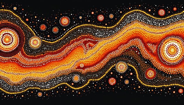 Abstract illustration features wavy dotted lines and circles in warm orange, yellow, and red hues against a stark black background. Represents Australian indigenous art style with dynamic patterns.